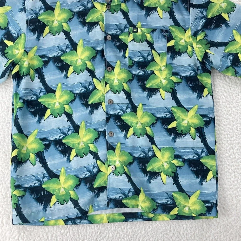 Quiksilver Blue Palm Tropical Print Button-Down Shirt‎ Mens Short Sleeve Size L